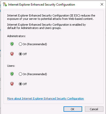 IE Enhanced Security Configuration Dialog box with configuration set to off